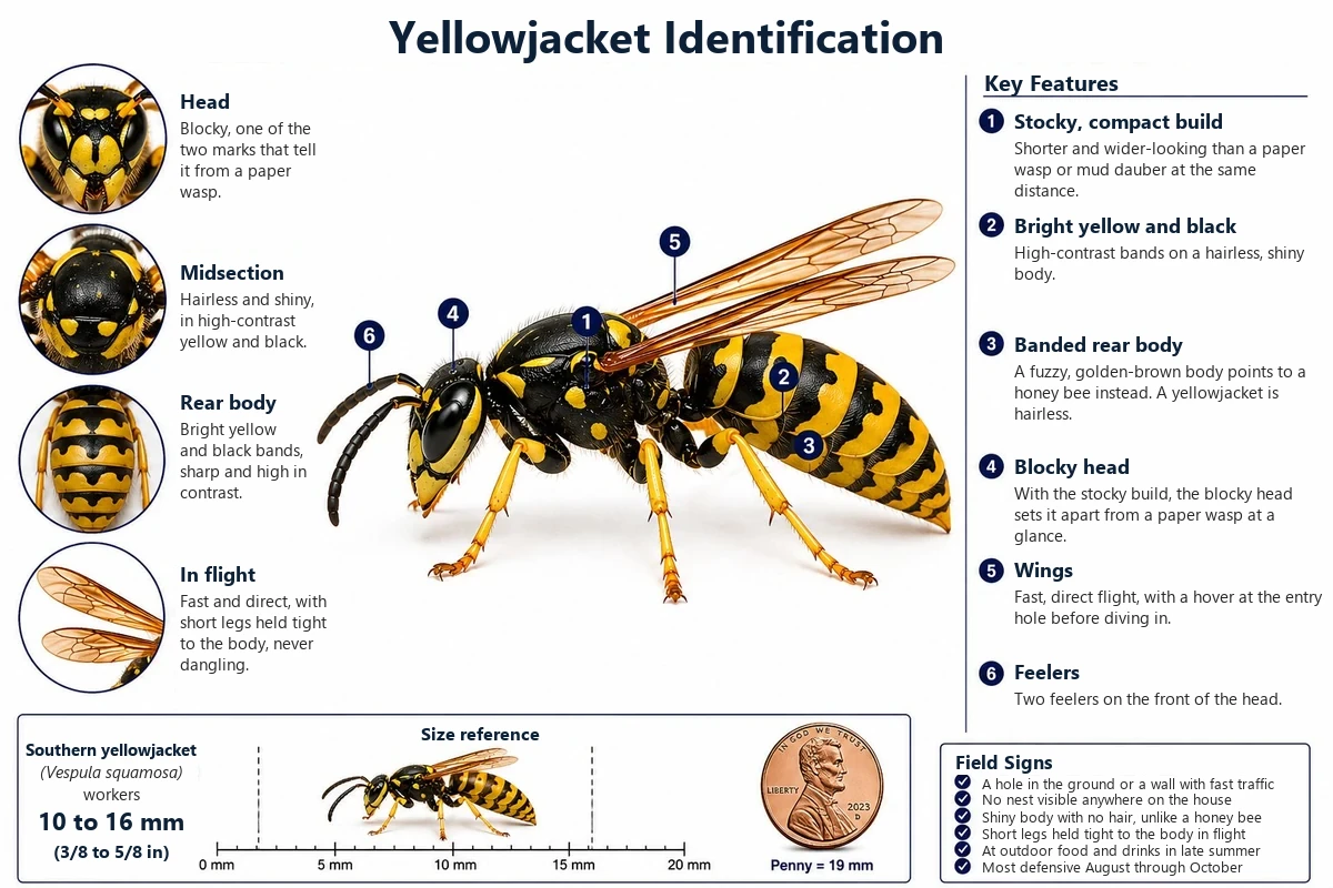 Labeled photo of a yellowjacket pointing out its stocky body, blocky head, short legs and bright yellow and black bands
